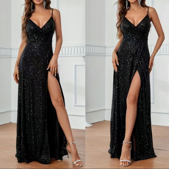 Luxe slit thigh party formal evening sequins dress - Picture 1 of 7